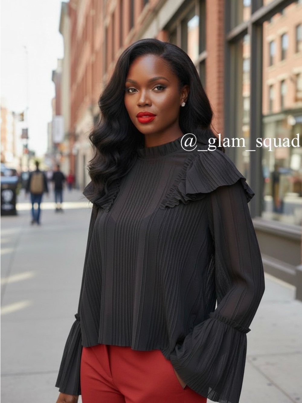Romantic Medium Black Pleated Ruffle Blouse Mock Neck Bell Sleeve Top NWT